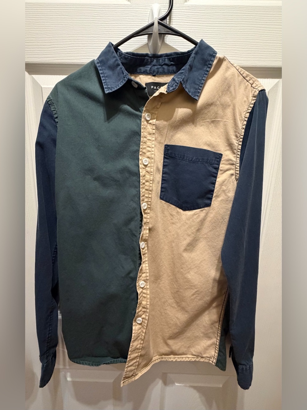 PACSun Men's Two-Tone Green & Khaki Button-Up Shirt - Size Small